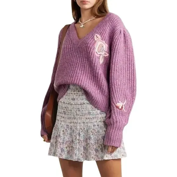 LoveShackFancy Ridge Sweater Floral Embroidered Balloon Sleeve Chunky Knit Berry - Picture 4 of 16